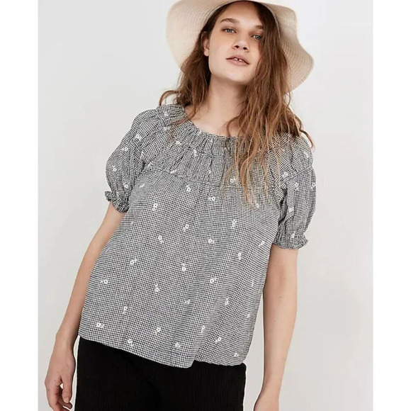 Madewell Floral Embroidered Gingham Shirred Short Puff Sleeve Blouse Top Size XL - Picture 1 of 11